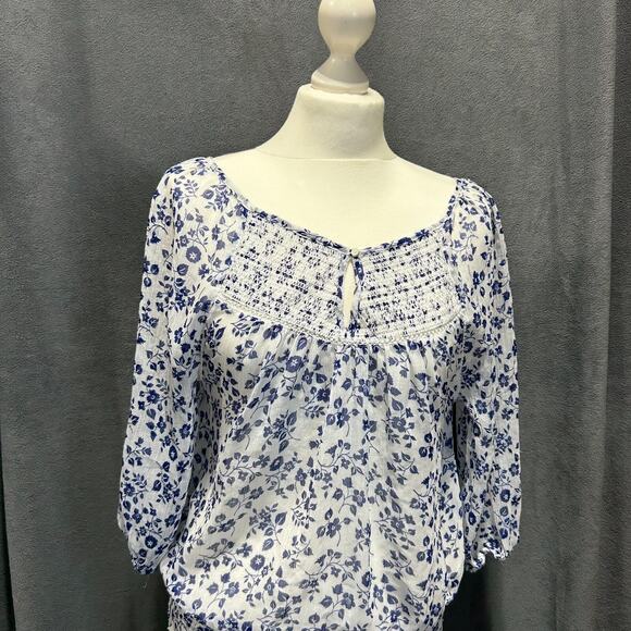 Abercrombie & Fitch Sheer Women's Top Medium Navy White Floral Embroidered Boho - Picture 1 of 12